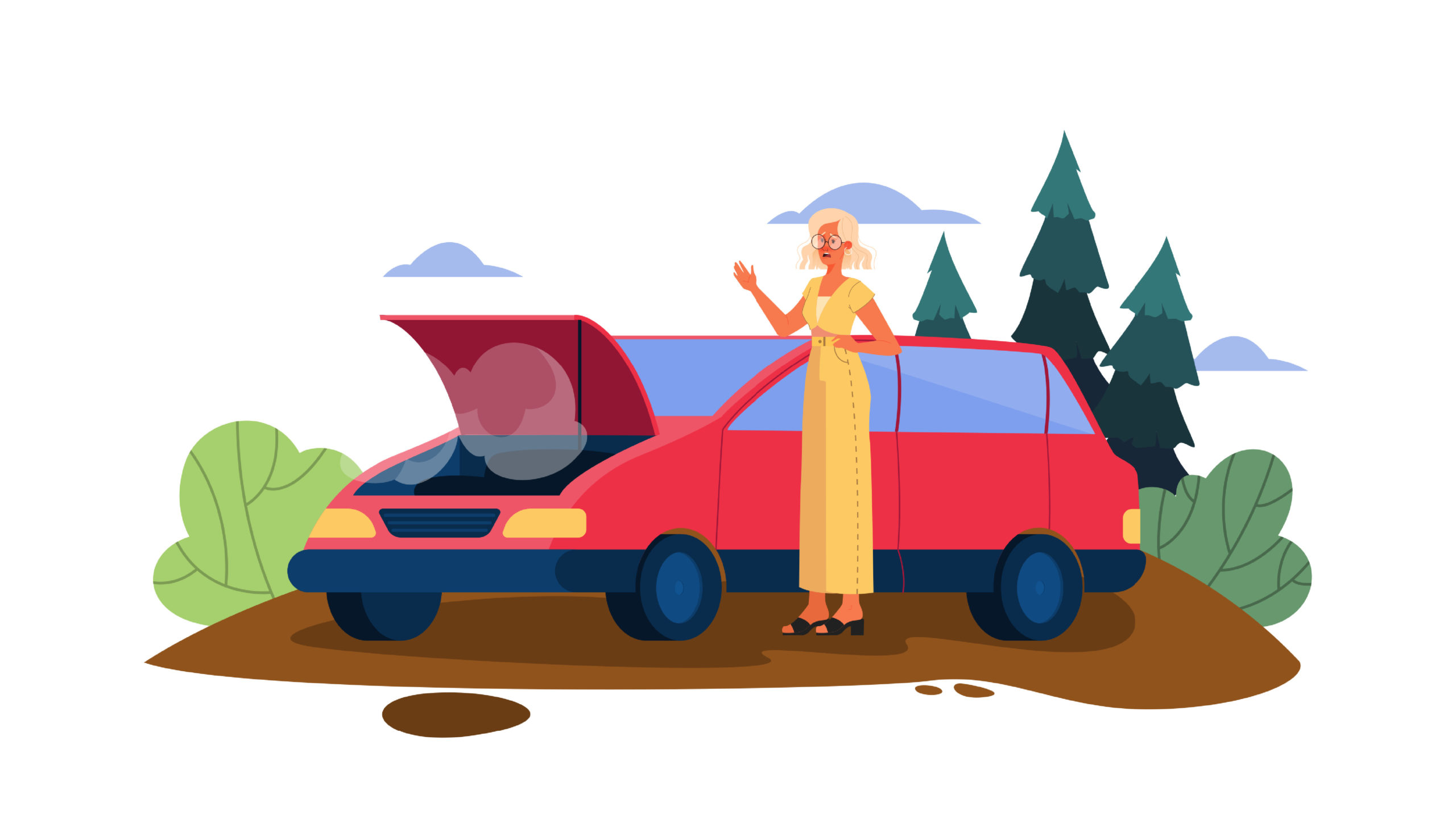 Vector illustration with broken car on a road